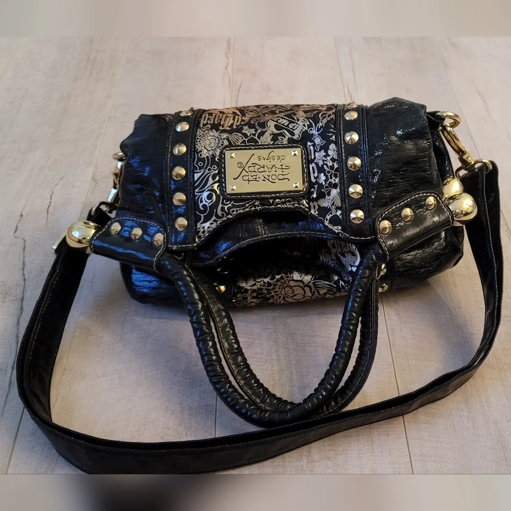 SALE Vintage Ed Hardy Mini Hobo Cross body  Purse 😍 Black with Gold Hardware! - Picture 4 of 15